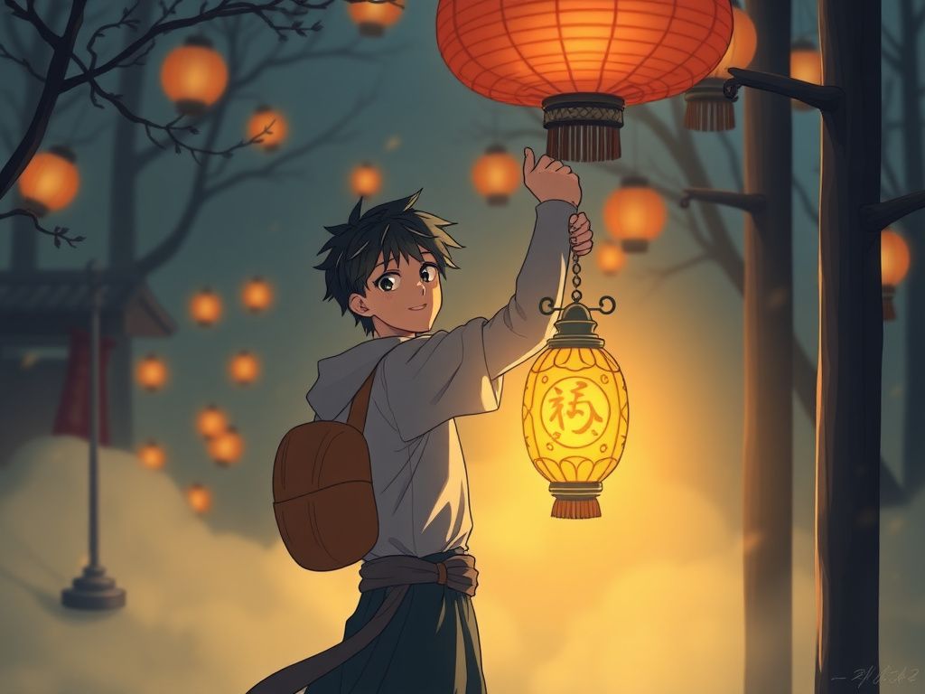 Manga character holding lantern in mist cover