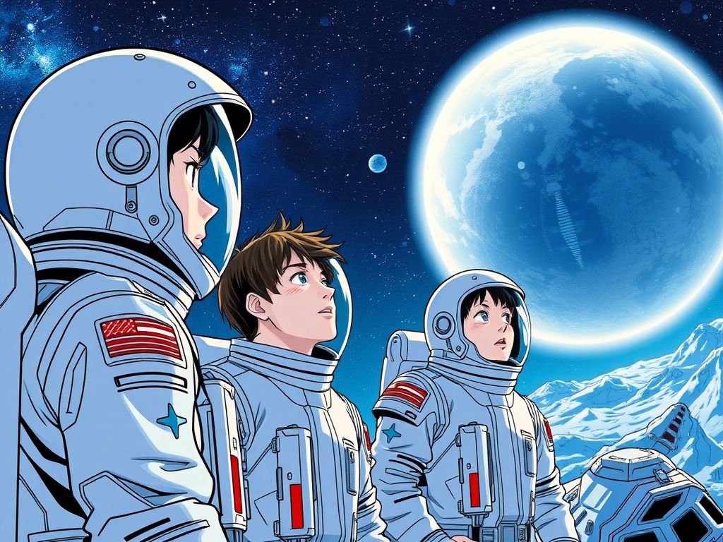 Japanese space crew looking at distant planet manga cover