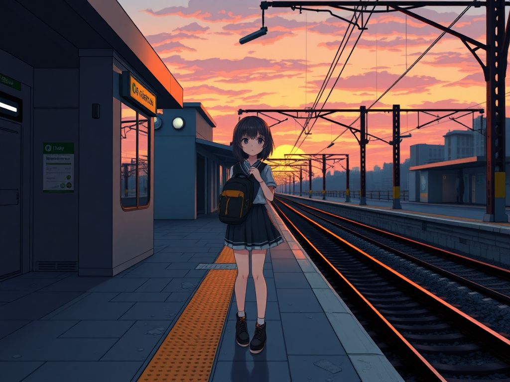 Manga girl on train platform at dawn cover