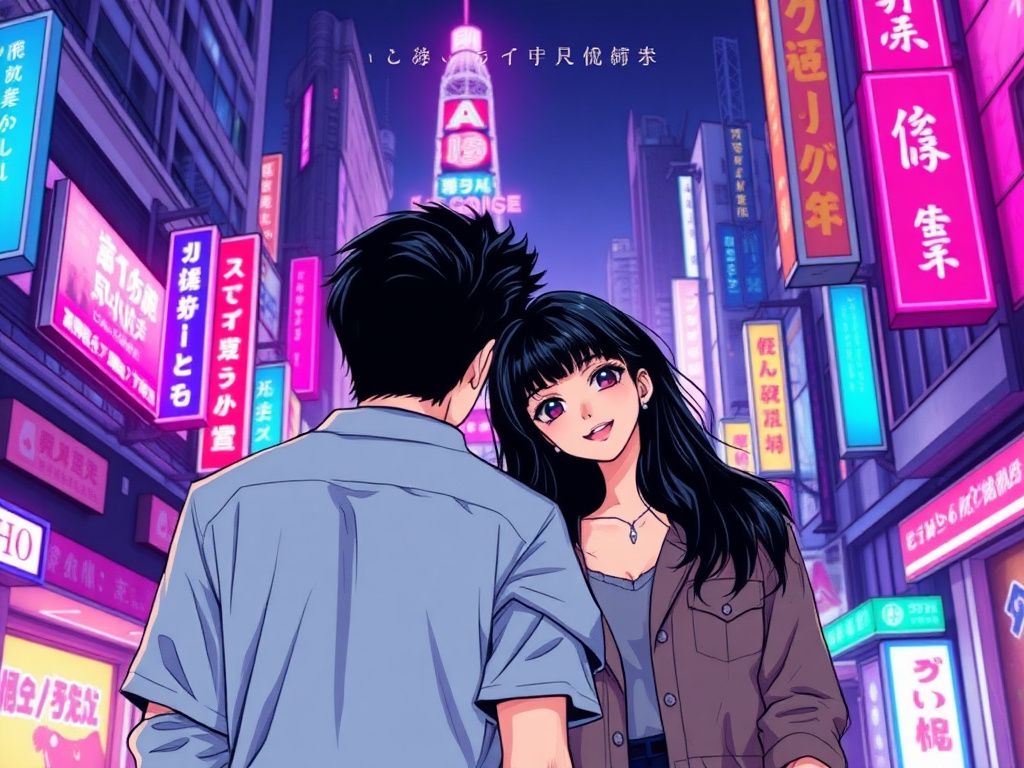Manga couple under city neon lights cover