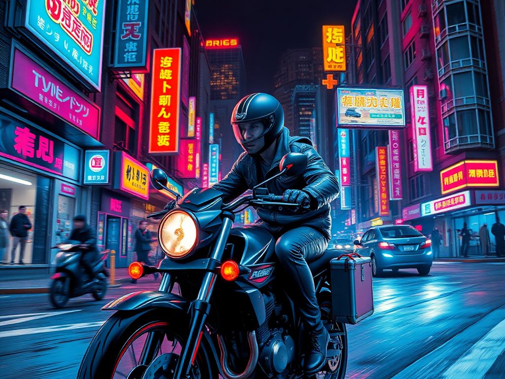 Cyberpunk courier riding through neon streets manga cover